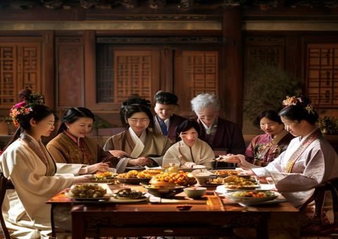 韩国传统家庭在秋夕节日中进行茶礼祭祀仪式，家庭成员身着韩服围坐在祭桌前，展现韩国伦理中孝道文化的庄重与温情