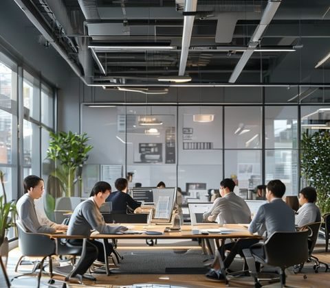 韩国现代化办公室场景，职员在会议室中向上级汇报工作，体现韩国职场伦理中长幼有序与集体协作的价值观