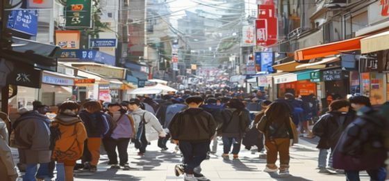 韩国首尔街头年轻人聚集场景，展现MZ世代对传统韩国伦理的重新诠释与现代生活方式的融合